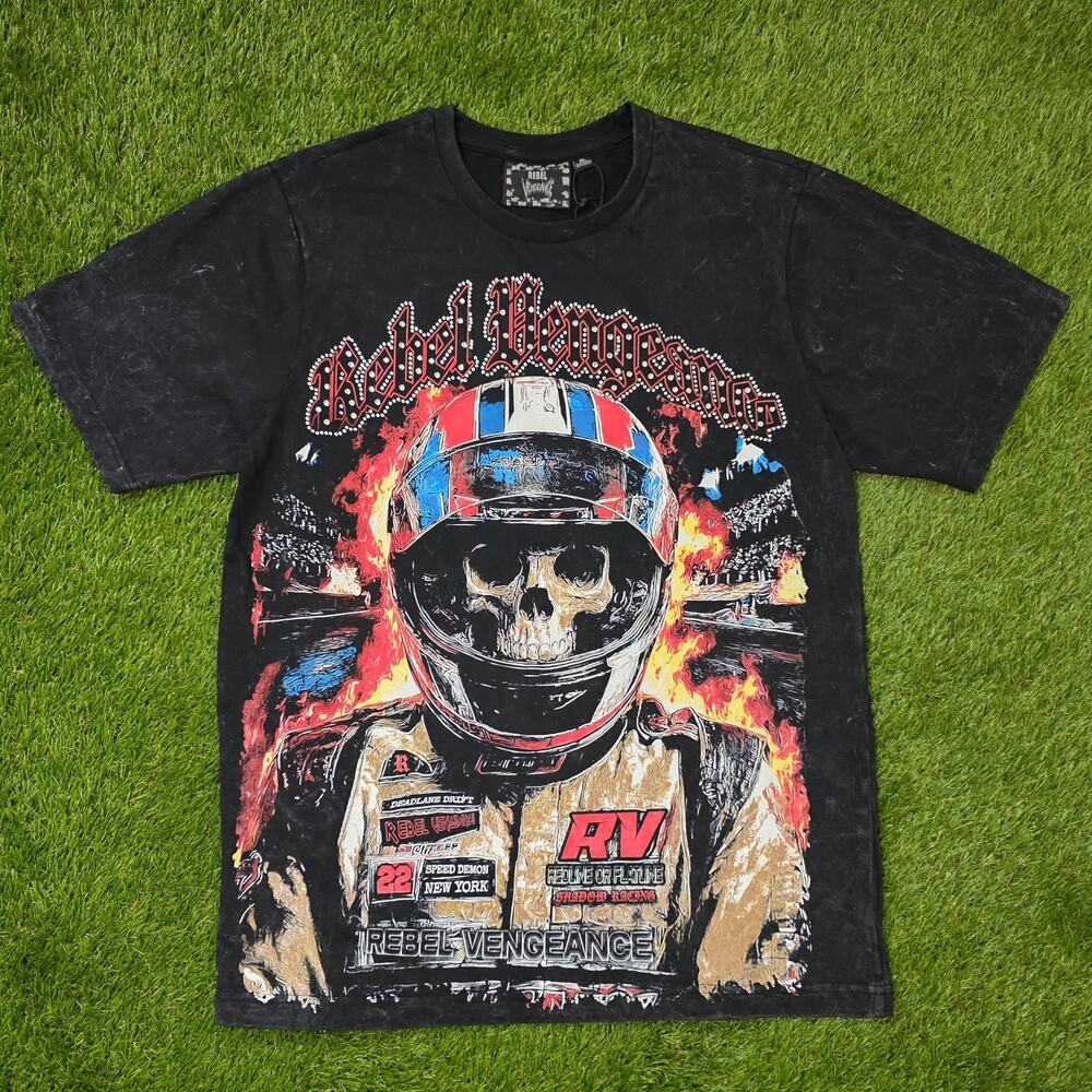Rebel Vengeance Skull Racing Helmet Black Crewneck Graphic Tee Men’s Sz L New